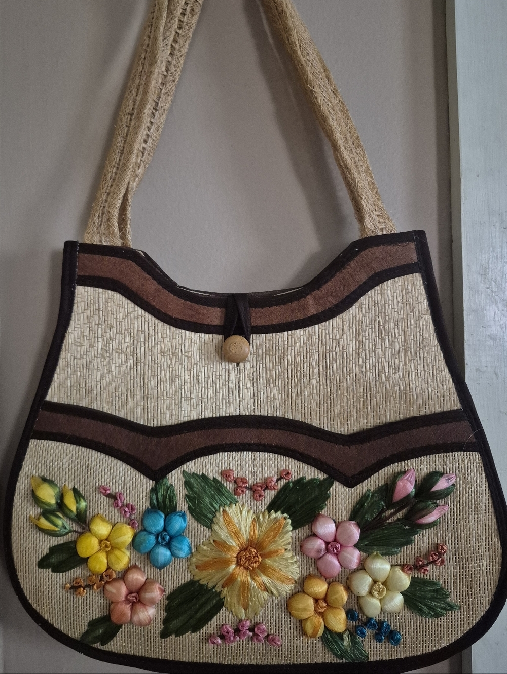 Vintage Handmade Woven Straw & Raffia Floral Handbag